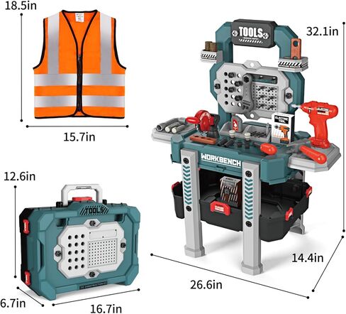 Deejoy Kids Tool Bench with Realistic Tools and Electric Drill, 79 Pcs Transformable Kids Tool Set with Clothes, Toddler Tool Bench Pretend Play Learning Gift for Boys & Girls Age 3-5 (Green) in Kuwait