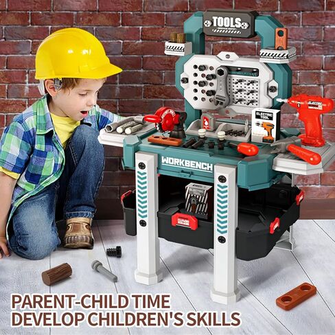 Deejoy Kids Tool Bench with Realistic Tools and Electric Drill, 79 Pcs Transformable Kids Tool Set with Clothes, Toddler Tool Bench Pretend Play Learning Gift for Boys & Girls Age 3-5 (Green) in Kuwait