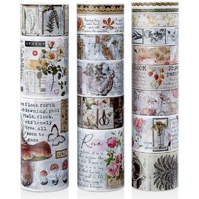 24 Rolls Vintage Washi Tape Set, Floral Letter Butterfly Mushroom Botanical Flower Writable Decorative Tapes for Scrapbooking , Junk Journal supplies, Bullet Journaling 5-75mm Wide 9.84ft long/Roll