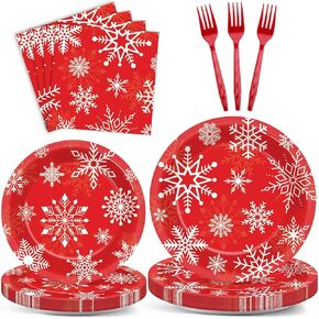 100 PCS Merry Christmas Tableware Set Christmas Theme Party Supplies Serves 25 guests Snowflakes Paper Plates Xmas napkins Bulk Christmas Dinnerware Set for Xmas Party Decorations Disposable Tableware in Kuwait