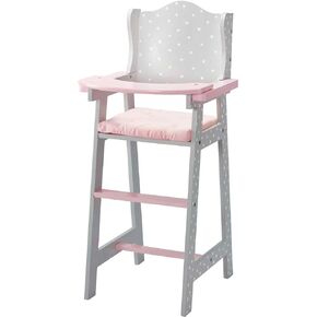 Olivia's Little World Doll High Chair for Baby Dolls, Wooden Doll Play Furniture with Pastel Polka Dot Princess Print & Fabric Seat for 16" to 18" Dolls, Gray/Pink