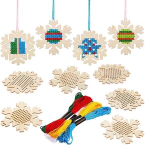 10 pcs Christmas Wooden Cross Stitch Kits Cross Stitch Wood Ornaments Christmas Hanging Decors Craft Christmas Decorations for Christmas Tree Decoration Supplies (Snowflake Style) in Saudi Arabia
