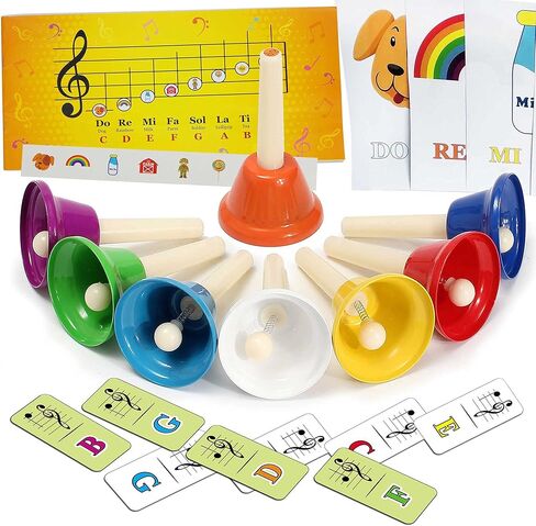 inTemenos 8 Diatonic Color-Coded Hand Bells with Sheet Music Book, Stickers, Musical Dominoes for Children, Adult in Kuwait