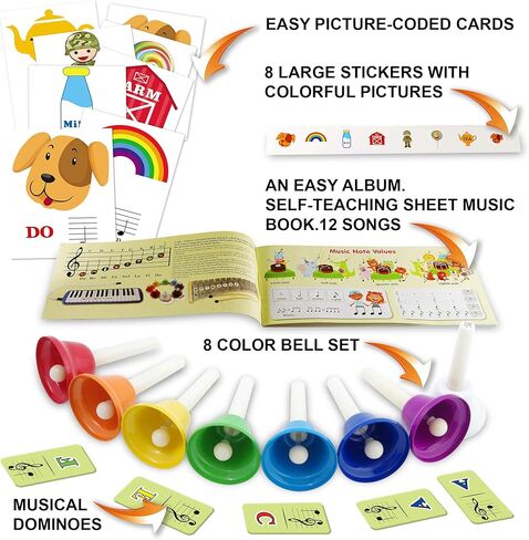inTemenos 8 Diatonic Color-Coded Hand Bells with Sheet Music Book, Stickers, Musical Dominoes for Children, Adult in Kuwait