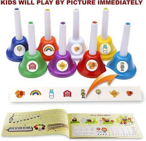 inTemenos 8 Diatonic Color-Coded Hand Bells with Sheet Music Book, Stickers, Musical Dominoes for Children, Adult in Kuwait