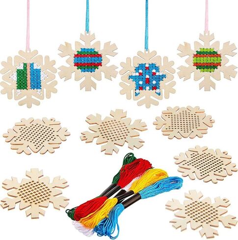 10 pcs Christmas Wooden Cross Stitch Kits Cross Stitch Wood Ornaments Christmas Hanging Decors Craft Christmas Decorations for Christmas Tree Decoration Supplies (Snowflake Style) in Saudi Arabia