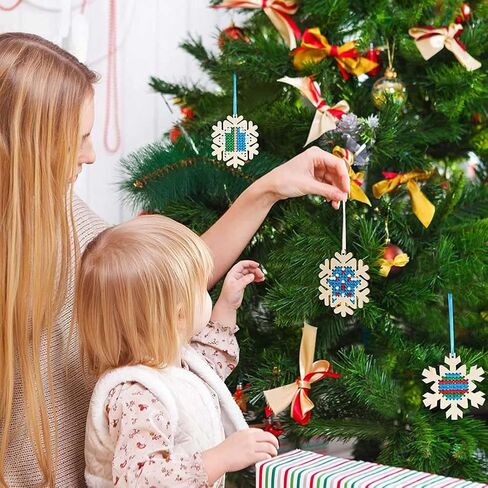 10 pcs Christmas Wooden Cross Stitch Kits Cross Stitch Wood Ornaments Christmas Hanging Decors Craft Christmas Decorations for Christmas Tree Decoration Supplies (Snowflake Style) in Saudi Arabia