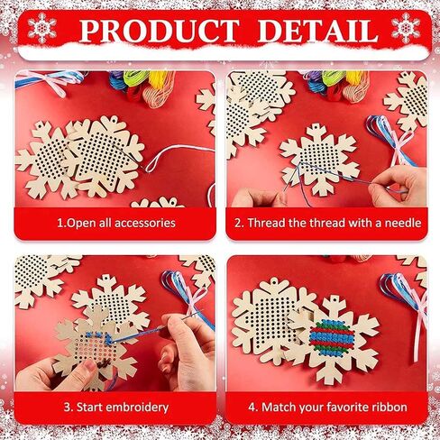 10 pcs Christmas Wooden Cross Stitch Kits Cross Stitch Wood Ornaments Christmas Hanging Decors Craft Christmas Decorations for Christmas Tree Decoration Supplies (Snowflake Style) in Saudi Arabia
