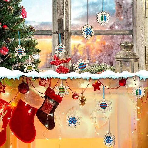 10 pcs Christmas Wooden Cross Stitch Kits Cross Stitch Wood Ornaments Christmas Hanging Decors Craft Christmas Decorations for Christmas Tree Decoration Supplies (Snowflake Style) in Saudi Arabia