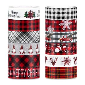 Whaline 12 Roll Christmas Washi Tape Red Black White Buffalo Plaid Xmas Tree Gnome Snowflake Pattern Decorative Tape for Scrapbook Journal DIY Craft Gift Wrapping in Saudi Arabia