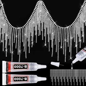 2 Yard Rhinestone Fringe with B7000 Glue, Sparkle Rhinestone Trim Rhinestone Fringe Belt Rhinestone Fringe Trim, Sliver Diamond Fringe Rhinestone Tassel Chain for Jeans Clothing DIY