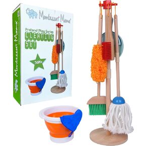 مجموعة تنظيف الأطفال من مونتيسوري ماما - مجموعة تنظيف للأطفال الصغار - مجموعة مكنسة وممسحة للأطفال الصغار مع حامل ومنفضة غبار ومقلاة غبار وفرش يدوية ودلو وقطعة قماش للتنظيف - فكرة هدية ممتازة in Kuwait