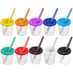 10 Pieces Kids No Spill Paint Cups with Colored Lids and 10 Pack Colors Paint Brush Set for Kids Art Painting in Kuwait