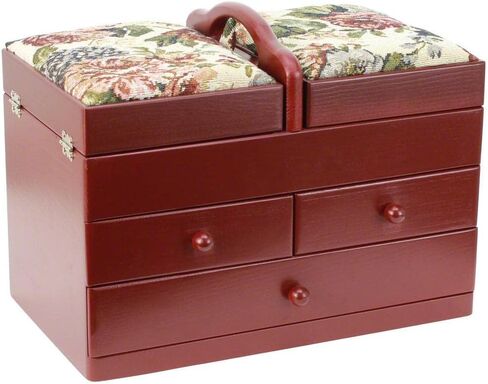 Classic Expanding Wood Sewing Box Basket Storage Caddy with tapestry padded lid, 2x3 Tiers with Easy Carrying Handle, Red in Saudi Arabia