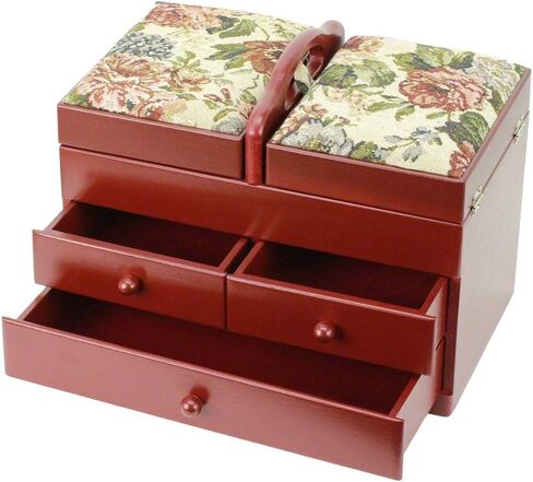 Classic Expanding Wood Sewing Box Basket Storage Caddy with tapestry padded lid, 2x3 Tiers with Easy Carrying Handle, Red in Saudi Arabia