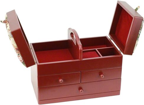 Classic Expanding Wood Sewing Box Basket Storage Caddy with tapestry padded lid, 2x3 Tiers with Easy Carrying Handle, Red in Saudi Arabia