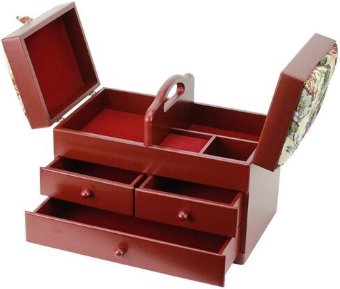 Classic Expanding Wood Sewing Box Basket Storage Caddy with tapestry padded lid, 2x3 Tiers with Easy Carrying Handle, Red in Saudi Arabia