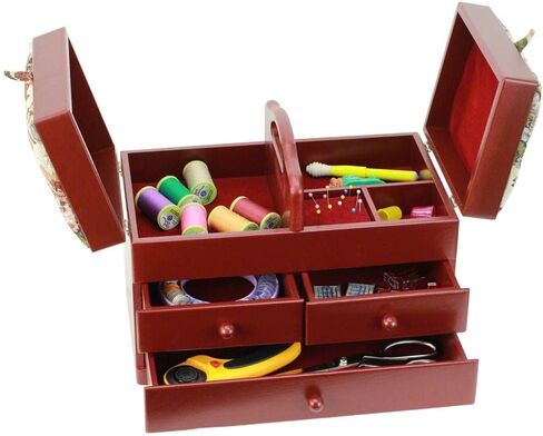 Classic Expanding Wood Sewing Box Basket Storage Caddy with tapestry padded lid, 2x3 Tiers with Easy Carrying Handle, Red in Saudi Arabia