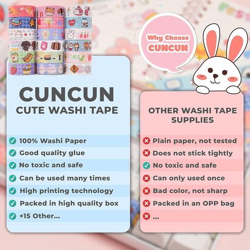 مجموعة شريط واشي لطيف من CUNCUN، شريط لاصق 18 لفة كواي، شريط زخرفي للحرف اليدوية اليدوية، اليومية، لوازم سجل القصاصات، المخططين، الحرف الفنية، مجلات رصاصة، هدية للفتيات والأولاد in Kuwait