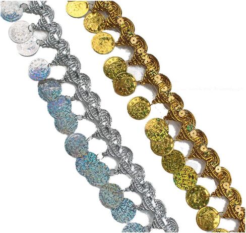 10 Yards Coin Shape Sequin Tassel Trim 1.77 Inch Width Fringe Lace Dance Dress Belt Chain DIY Clothing Ribbon (Gold) in Kuwait