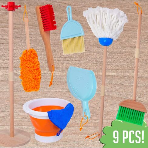 مجموعة تنظيف الأطفال من مونتيسوري ماما - مجموعة تنظيف للأطفال الصغار - مجموعة مكنسة وممسحة للأطفال الصغار مع حامل ومنفضة غبار ومقلاة غبار وفرش يدوية ودلو وقطعة قماش للتنظيف - فكرة هدية ممتازة in Kuwait