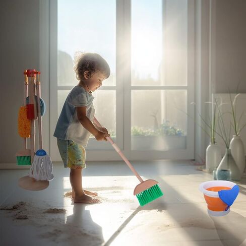 مجموعة تنظيف الأطفال من مونتيسوري ماما - مجموعة تنظيف للأطفال الصغار - مجموعة مكنسة وممسحة للأطفال الصغار مع حامل ومنفضة غبار ومقلاة غبار وفرش يدوية ودلو وقطعة قماش للتنظيف - فكرة هدية ممتازة in Kuwait