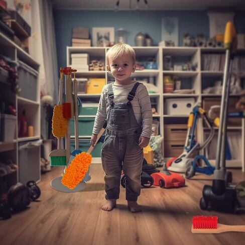 مجموعة تنظيف الأطفال من مونتيسوري ماما - مجموعة تنظيف للأطفال الصغار - مجموعة مكنسة وممسحة للأطفال الصغار مع حامل ومنفضة غبار ومقلاة غبار وفرش يدوية ودلو وقطعة قماش للتنظيف - فكرة هدية ممتازة in Kuwait