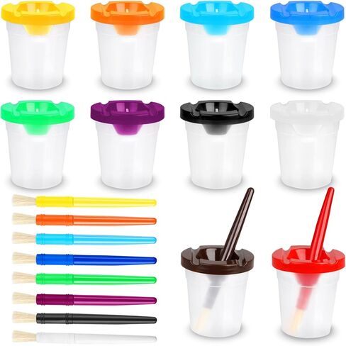 RNKP 10 Pieces Kids Anti-Spill Paint Cups, Kids Paint Cups with Lids, Painting Paint Brushes, Non-Spill Paint Cups Set for Toddlers, Kids…… in Kuwait