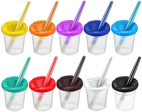 10 Pieces Kids No Spill Paint Cups with Colored Lids and 10 Pack Colors Paint Brush Set for Kids Art Painting in Kuwait