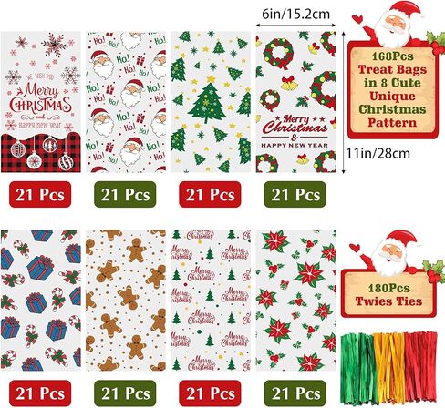 أكياس السيلوفان لعيد الميلاد من SUPERLELE 168 قطعة من أكياس حلوى عيد الميلاد مع 180 قطعة من ربطات العنق الملتوية و8 أنماط متنوعة من أكياس حلوى عيد الميلاد والزلاجات والقفازات الصوفية وأكياس الوجبات الخفيفة لمستلزمات حفلات عيد الميلاد in Kuwait