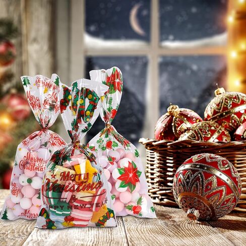 أكياس السيلوفان لعيد الميلاد من SUPERLELE 168 قطعة من أكياس حلوى عيد الميلاد مع 180 قطعة من ربطات العنق الملتوية و8 أنماط متنوعة من أكياس حلوى عيد الميلاد والزلاجات والقفازات الصوفية وأكياس الوجبات الخفيفة لمستلزمات حفلات عيد الميلاد in Kuwait