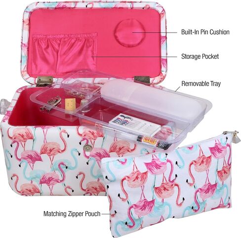 SINGER Large Premium Tackle Basket Pastel Flamingo Print with Emergency Travel Sewing Kit & Matching Zipper Pouch in Kuwait
