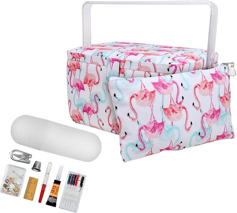 SINGER Large Premium Tackle Basket Pastel Flamingo Print with Emergency Travel Sewing Kit & Matching Zipper Pouch in Kuwait