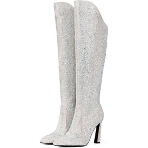 MUCCCUTE Women's Rhinestones High Heel Knee-High Boots Sparkly Pointed-Toe Fashion Tall Boots Side Zipper for Ladies in Kuwait