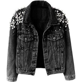 Ainangua Women's Pearls Beading Denim Jackets Loose Embroidered Short Jean Coat Outerwear in Kuwait