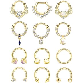 Jstyle 12Pcs 16G Septum Rings Clicker Nose Rings Hoop for Women Men Surgical Steel Heart Helix Daith Cartilage Earrings Hoop CZ Dangle Nose Septum Piercing Jewelry Silver Gold Black Nose Rings 10MM in Saudi Arabia