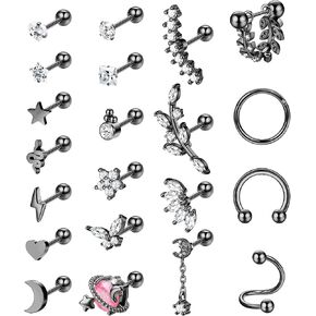 Drperfect Cartilage Earring Set for Women 20G 16G Stainless Steel CZ Butterfly Flower Snake Heart Star Moon Lightning Stud Hinged Hoop Earrings Spiral Horseshoe Curved Dangle Cartilage Helix Tragus Conch Piercing Jewelry