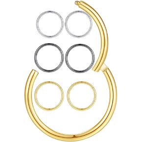 3Pairs 18G/16G 6/7/8/9/10MM Surgical Steel Clicker Hinged Nose Rings Small Thin Hoop Earrings, Safety Hypoallergenic 14K Gold Plated Tiny Seamless Hoops Set for Septum Nostril Cartilage Helix Tragus Daith Earlobe 2nd & 3rd Hole Multiple Piercing