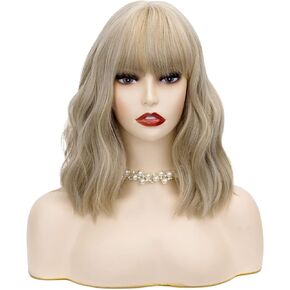 Mix Blonde Wig with Bangs Shoulder-length Wig for Women Halloween Costume Praty Cosplay Wig (Color-5)
