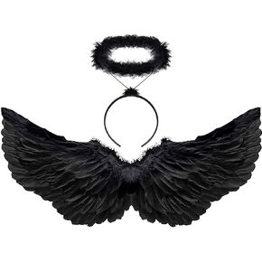 أجنحة KROMPG Black Angel Wings وHalo Black Wings للأطفال، أجنحة سوداء للنساء، أجنحة سوداء للهالوين (صغير) in Kuwait