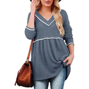 Chang Yun Womens V Neck Waffle Tunic Top Long Sleeve Peplum Pullover Babydoll Casual Flowy Swing Tshirts Pullover Sweaters
