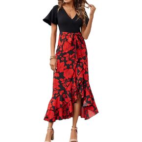 BTFBM Women Summer Long Dresses 2023 Short Sleeve V Neck Boho Floral Print Tie Waist High Low Ruffle Cocktail Maxi Dress