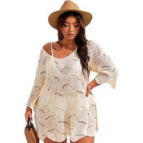 OYOANGLE Women's Plus Size Hollow Out Scoop Neck 3/4 Sleeve Knitted Cover Up Swimsuit Beach Dress in Saudi Arabia