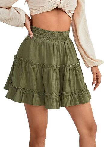 LYANER Women's Elastic Waist Pleated Layer Ruffle Hem Flowy A Line Short Skirt in Kuwait