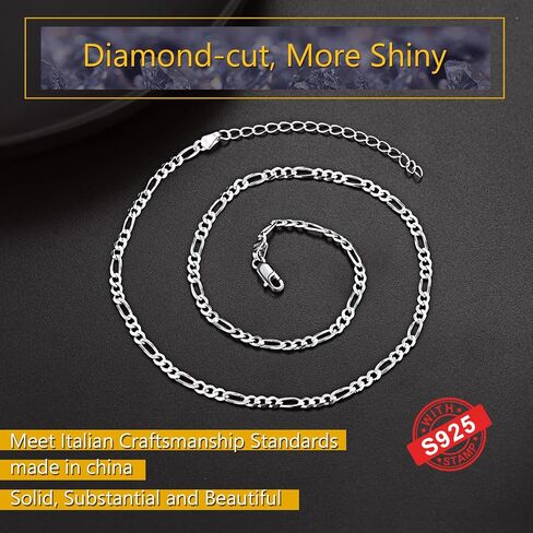PROSTEEL 925 قلادة من الفضة الإسترلينية الكوبية، سلاسل فيجارو أنيقة، صلبة ولامعة، 3 مم/5 مم، 14-28 بوصة، تأتي في صندوق هدايا in Kuwait