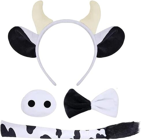 McFadyon 4 قطعة زي البقرة مجموعة آذان البقر عقال الأنف ربطة القوس فيونكة الذيل هالوين تأثيري فستان الملحقات in Kuwait
