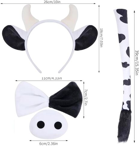 McFadyon 4 قطعة زي البقرة مجموعة آذان البقر عقال الأنف ربطة القوس فيونكة الذيل هالوين تأثيري فستان الملحقات in Kuwait
