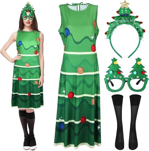 Suhine 4 Pieces Christmas Tree Costume Set for Women Xmas Tree Dress Christmas Tree Outfit Glasses Headband Stockings in Saudi Arabia