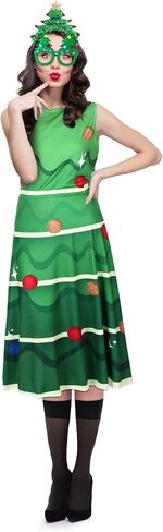 Suhine 4 Pieces Christmas Tree Costume Set for Women Xmas Tree Dress Christmas Tree Outfit Glasses Headband Stockings in Saudi Arabia