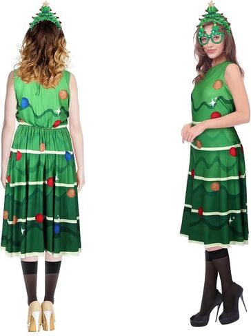Suhine 4 Pieces Christmas Tree Costume Set for Women Xmas Tree Dress Christmas Tree Outfit Glasses Headband Stockings in Saudi Arabia